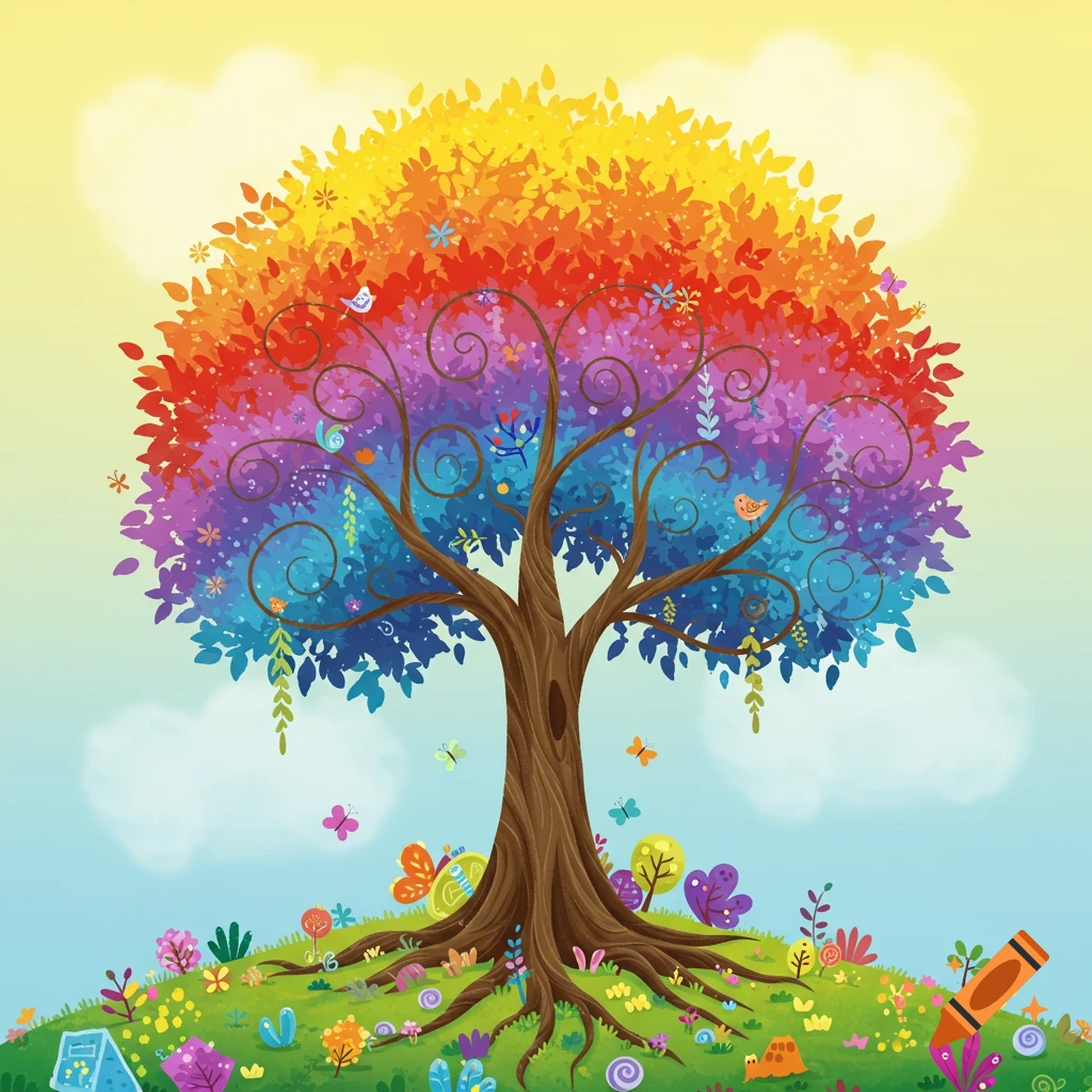 A colorful, whimsical illustration of a rainbow-leafed tree on a grassy hill with flowers and butterflies under a bright sky.