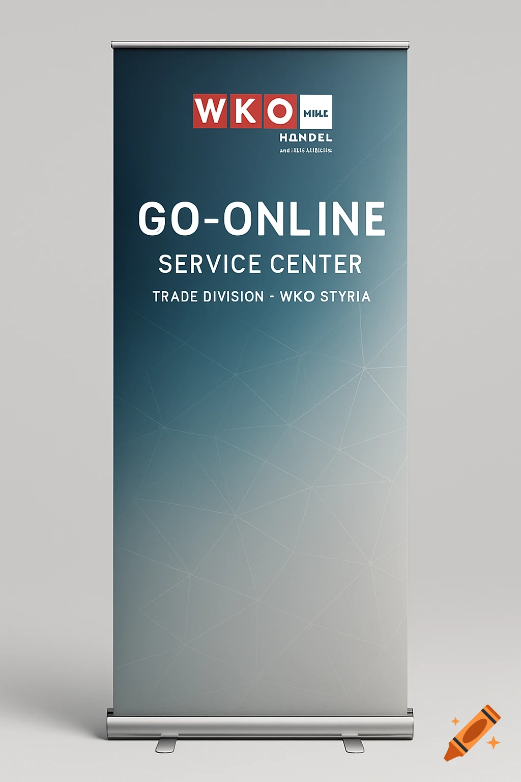 A modern roll-up banner for WKO's GO-ONLINE SERVICE CENTER, featuring a blue-to-grey gradient and geometric pattern.