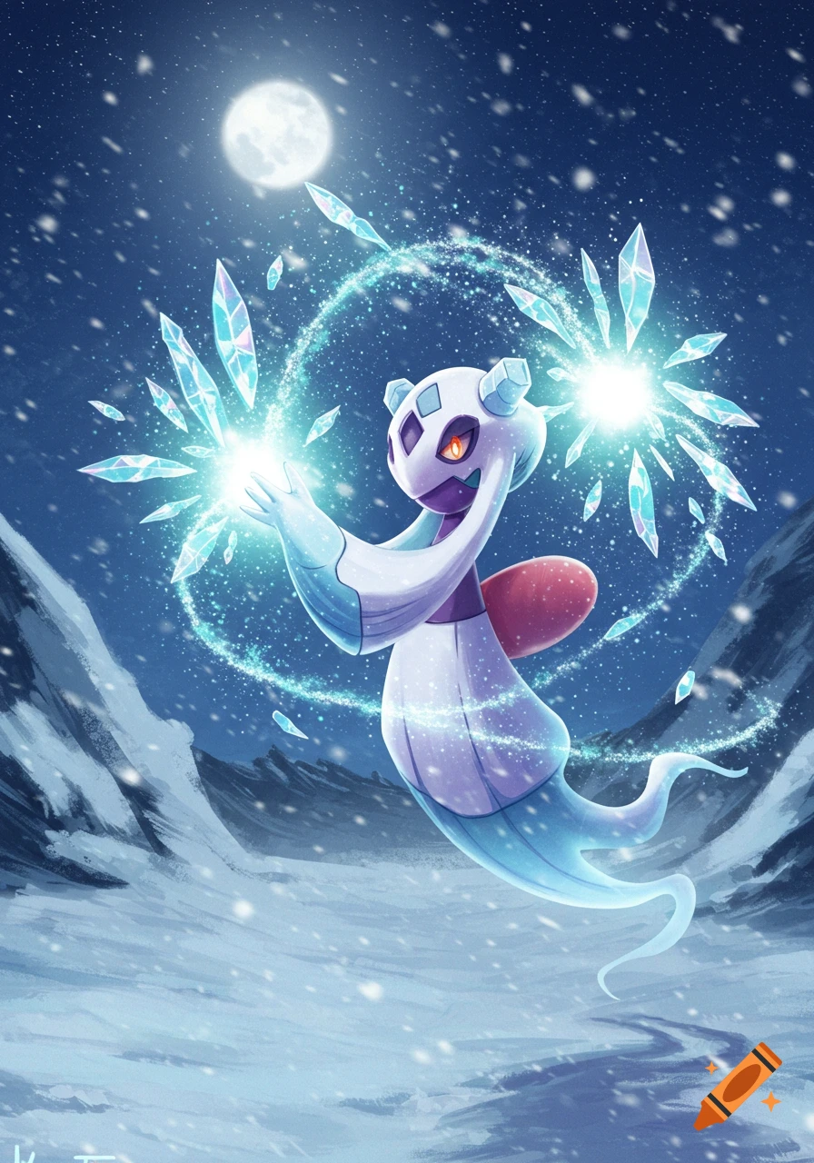 A white and purple Froslass Pokemon floats in a snowy mountain landscape under a full moon, generating glowing blue ice crystals.