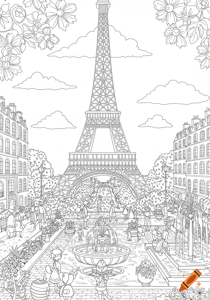 A detailed line art coloring page illustration of the Eiffel Tower towering over a busy park with fountains and Parisian buildings.