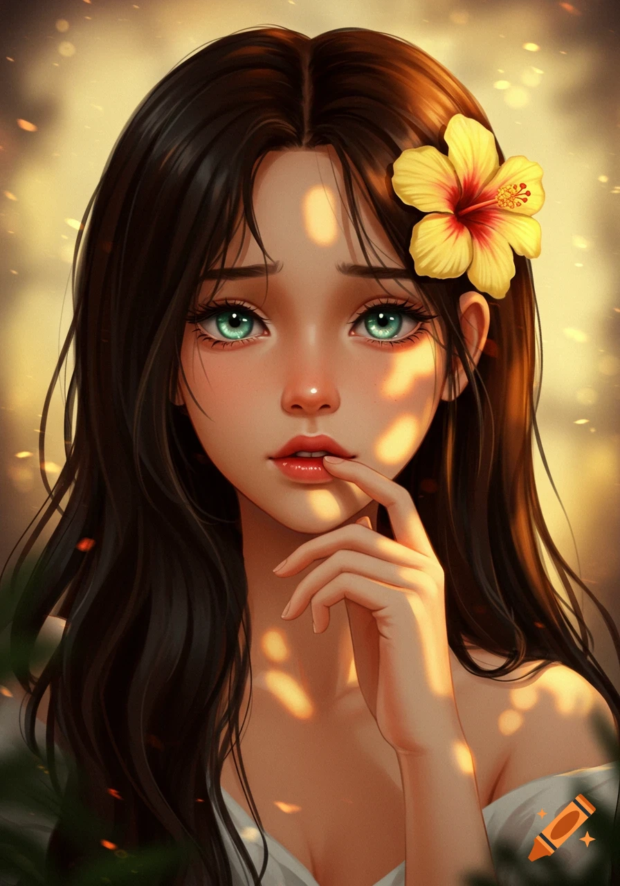 A semi-realistic, anime-inspired digital portrait of a girl with long dark hair, green eyes, and a yellow hibiscus, touching her lips.
