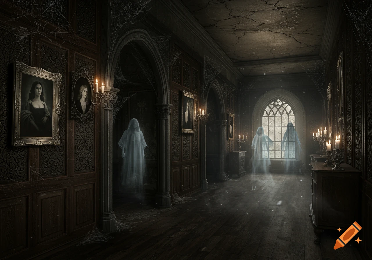 A dark, dusty haunted castle hall with translucent ghosts, candelabras, portraits, and a gothic window.