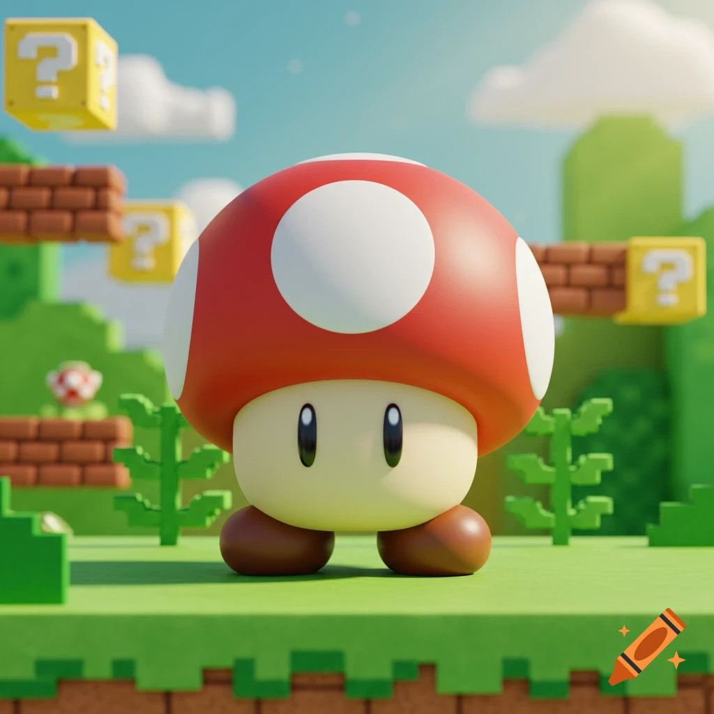 A 3D rendered Super Mushroom from Super Mario Bros. stands on a green pixelated platform with question mark blocks in the background.