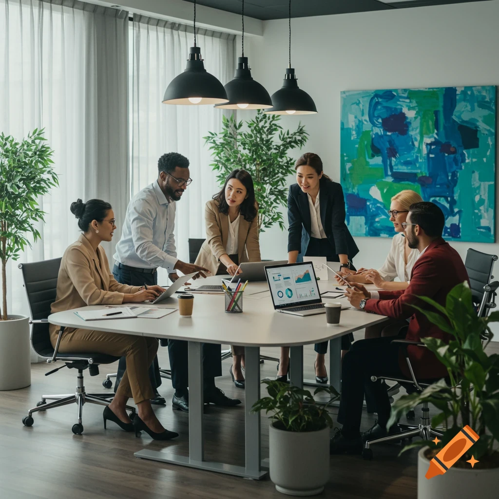 A diverse group of professionals collaborating around a conference table in a modern office setting.