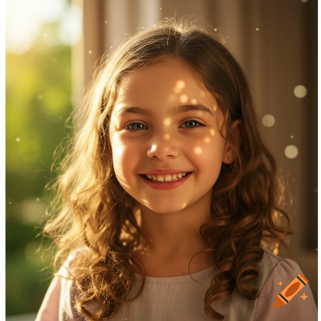 A photorealistic portrait of a smiling young girl with long brown hair and blue eyes, dappled sunlight on her face.