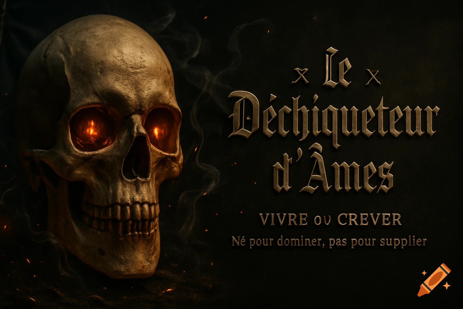 A realistic human skull with glowing orange eyes, surrounded by faint smoke and sparks, with dark gothic text on a black background.