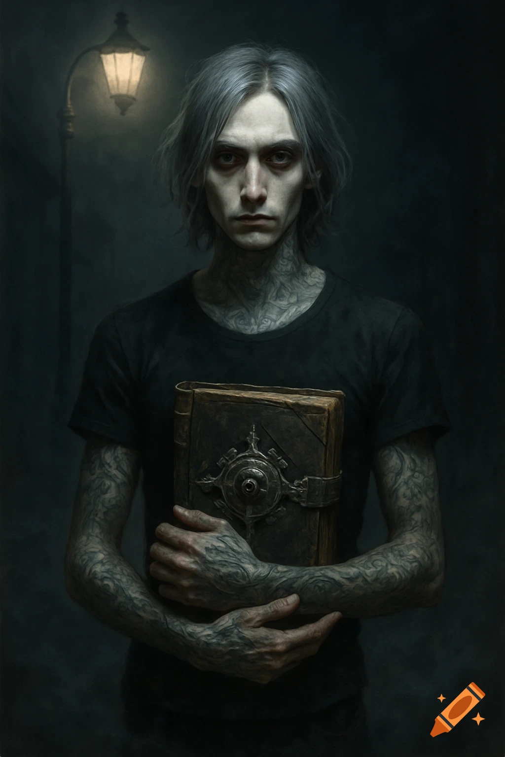 A gaunt young man with silver hair and tattoos, holding a grimoire, standing under a street lamp in a dark, atmospheric portrait.