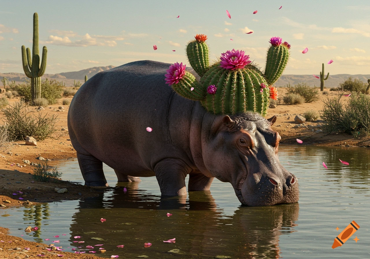 A hippopotamus with blooming cacti on its head drinks from a desert watering hole with pink petals falling.
