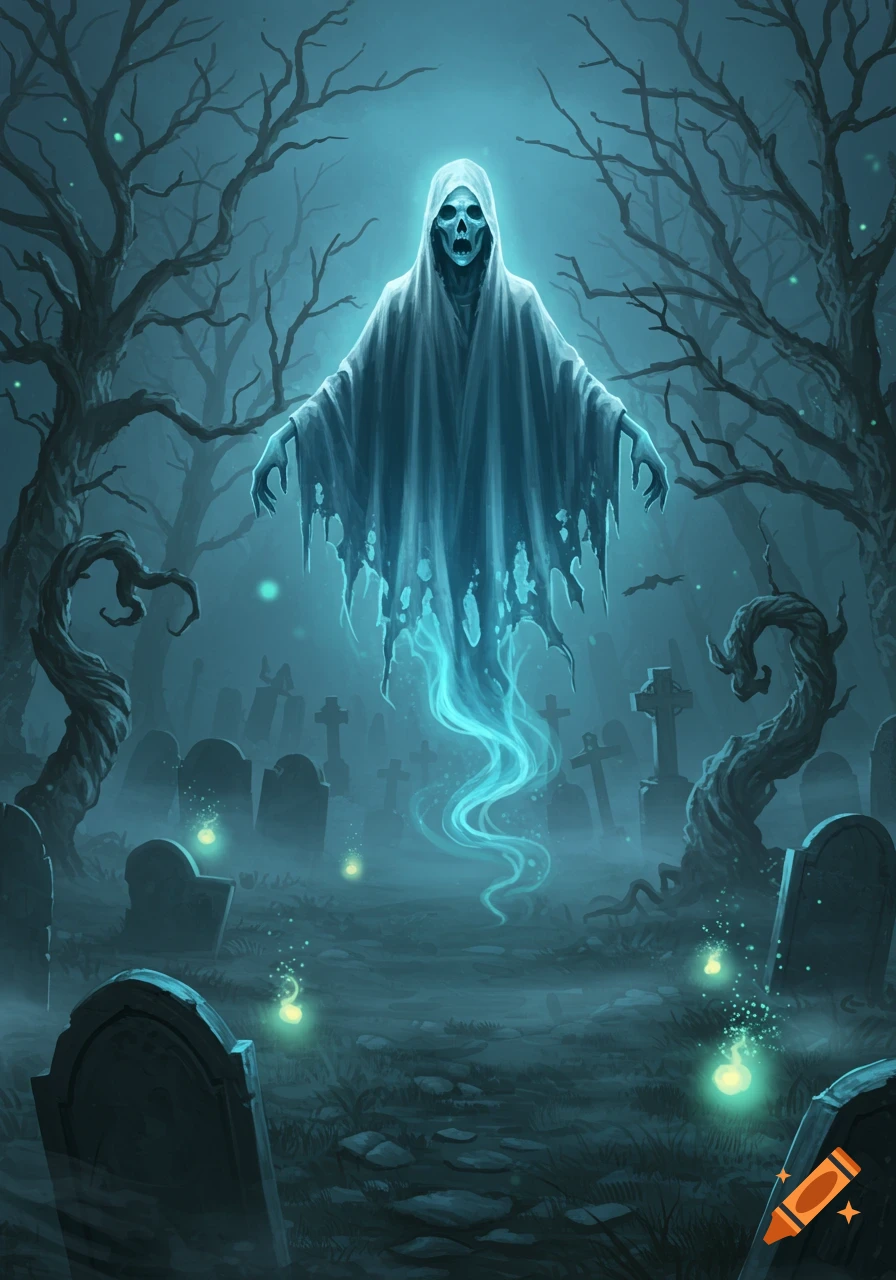 A hooded skeletal ghost floats emitting a blue glow in a misty graveyard with gnarled trees and tombstones.