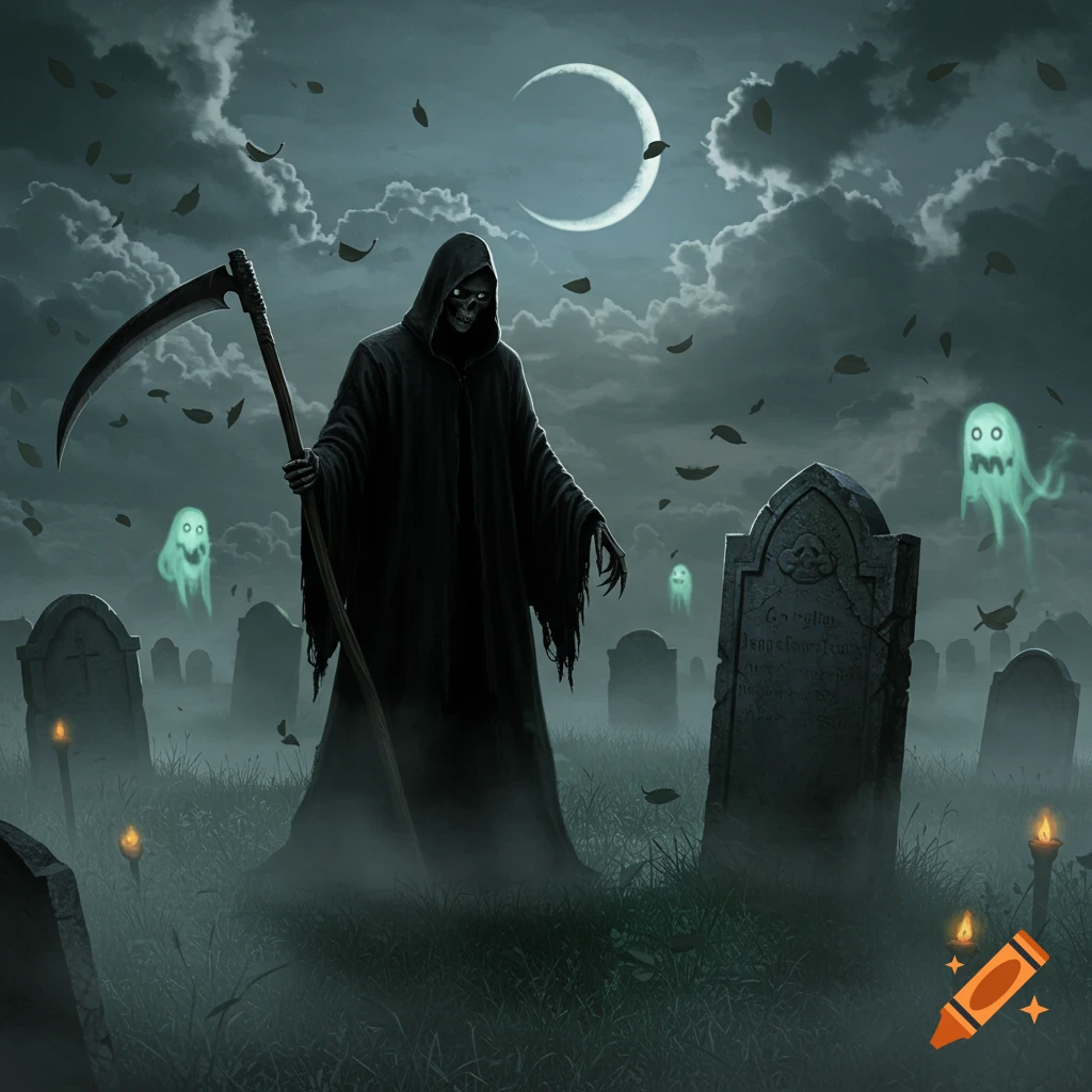 A grim reaper with a scythe stands in a misty graveyard with glowing ghosts under a crescent moon, depicting a spooky fantasy scene.