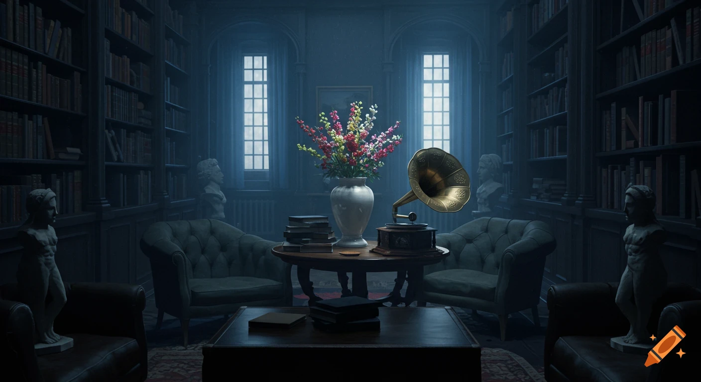 A dimly lit library with dark bookshelves, armchairs, a table with colorful flowers, a gramophone, and busts.