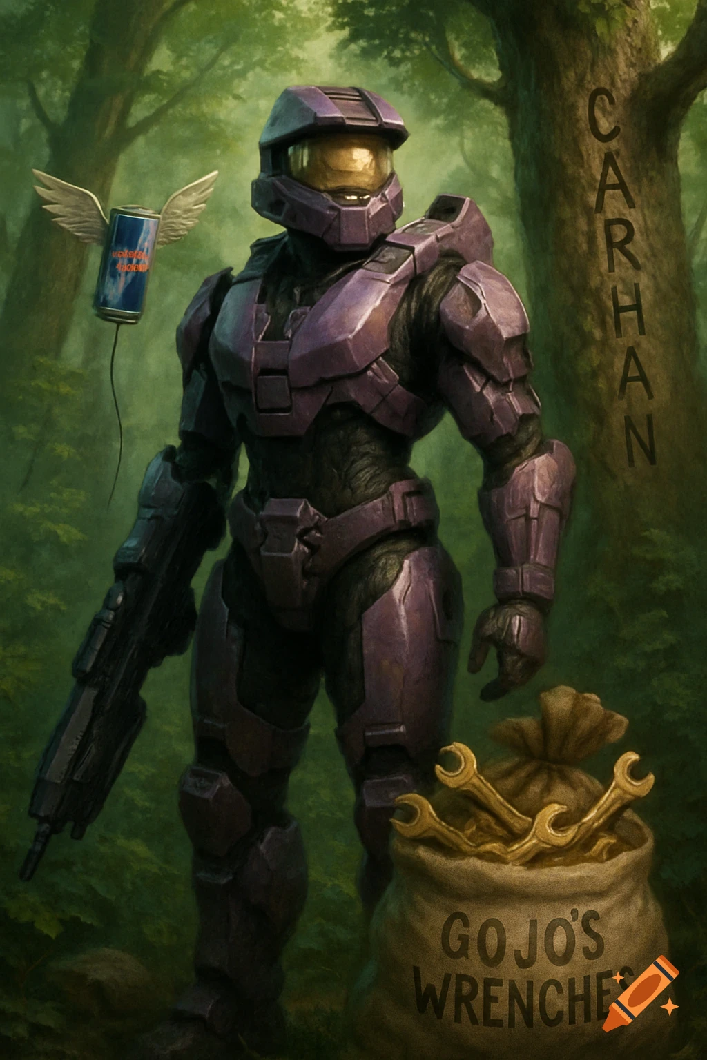 A purple-pink Halo soldier in a forest holds a weapon. A sack of gold wrenches labeled "GOJO'S WRENCHES" is at their feet. A winged can, identified as Red Bull, floats nearby on a leash. "CARHAN" is carved vertically into a tree.