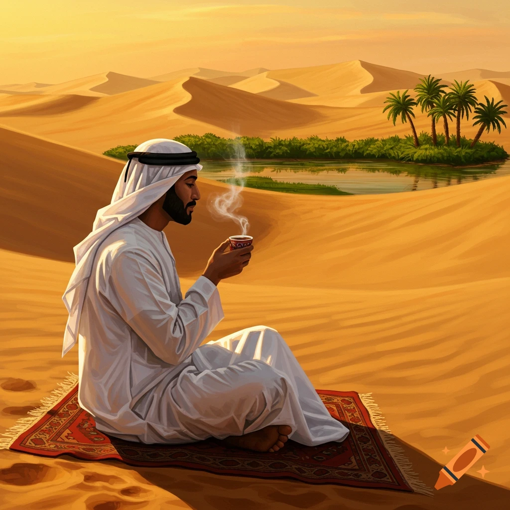 An Arabic man in traditional attire sits on a rug, drinking coffee in a desert oasis at sunset. Painterly illustration.