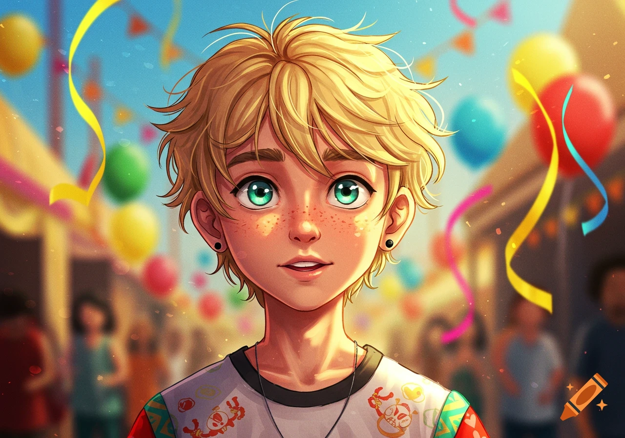 An anime-style blonde boy with blue-green eyes and freckles smiling, against a blurred festive background of balloons and streamers.