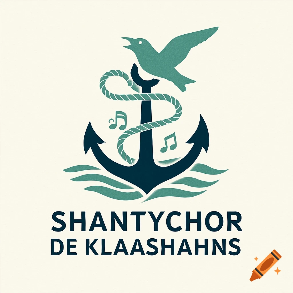 A teal and dark blue logo for "SHANTYCHOR DE KLAASHAHNS" with an anchor, rope, singing bird, and musical notes.