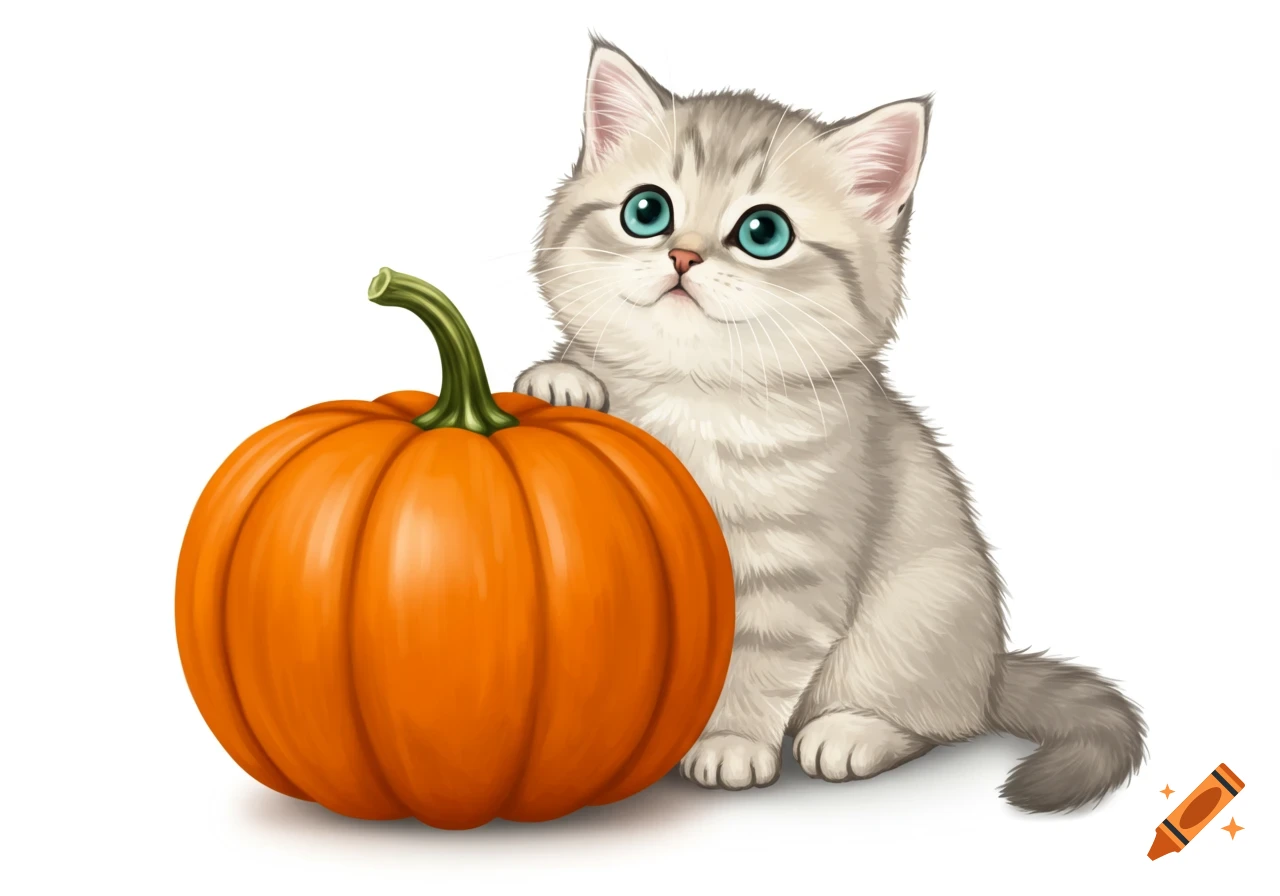 A cute cartoon grey kitten with blue eyes leans on a bright orange pumpkin against a white background.