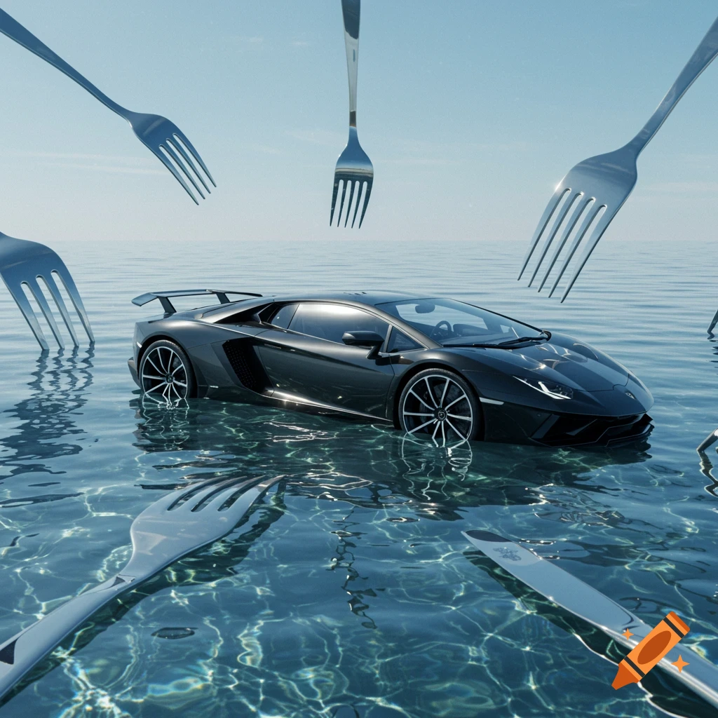 A black Lamborghini supercar partially submerged in clear ocean water, with large silver forks floating around it in a surreal, photorealistic style.