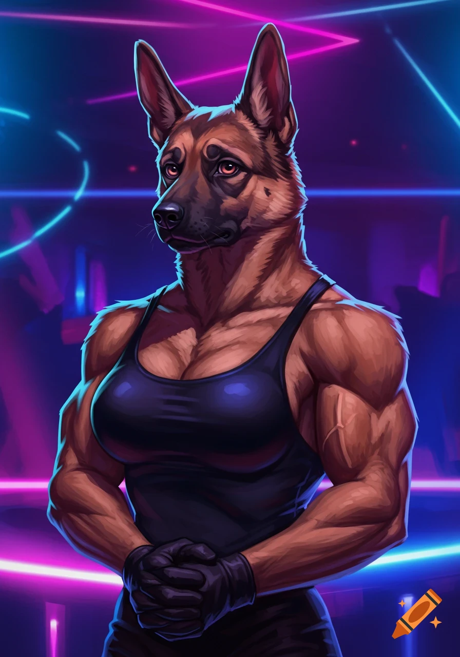 Muscular anthropomorphic German Shepherd bouncer in a black tank top and gloves, against a neon club background, digital art.