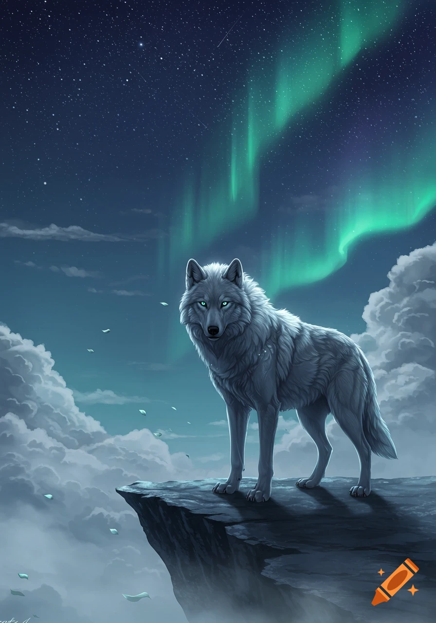 A majestic white wolf stands on a rocky cliff overlooking clouds under a vibrant green aurora borealis and starry night sky.