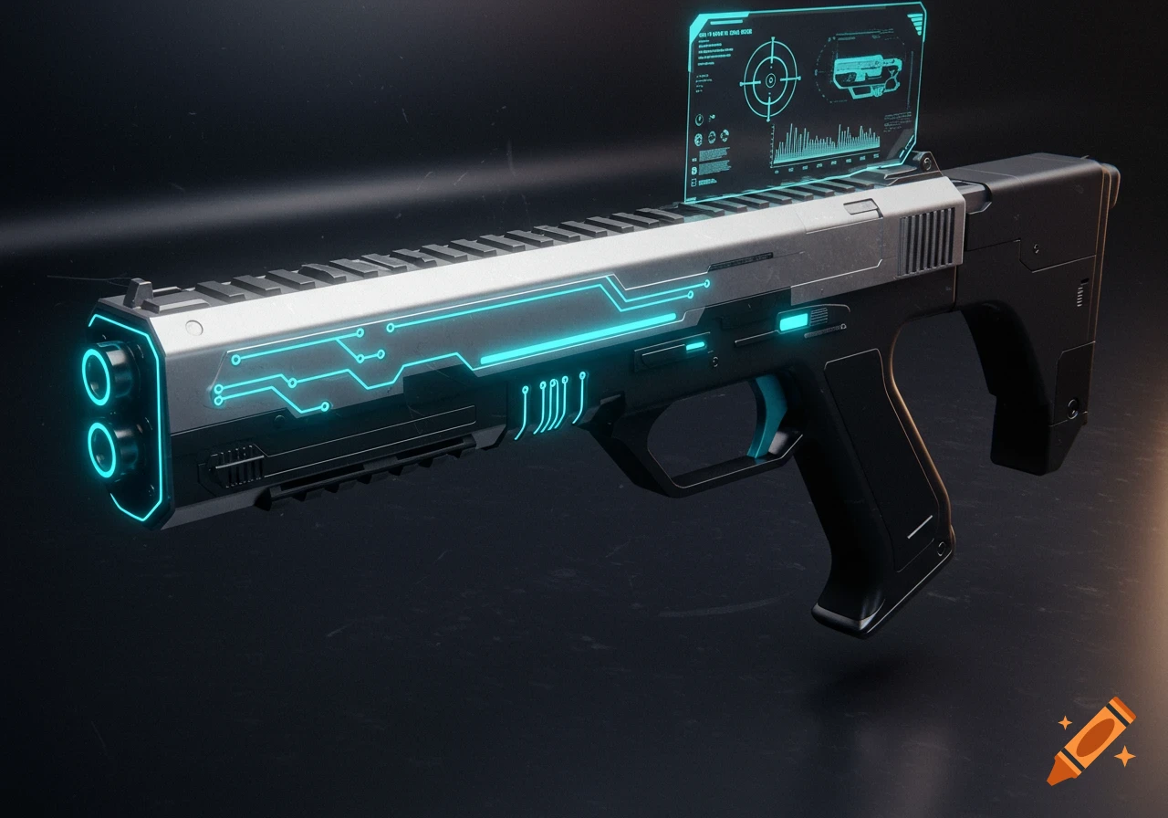 A metallic futuristic gun with glowing blue circuit patterns and a holographic display showing data and a target reticle.