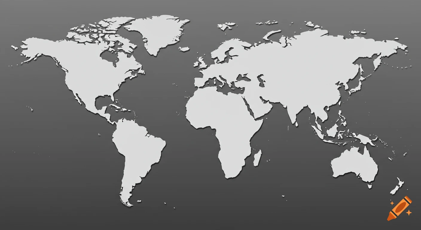 A 3D relief-style world map with gray continents and country divisions against a dark gray background.