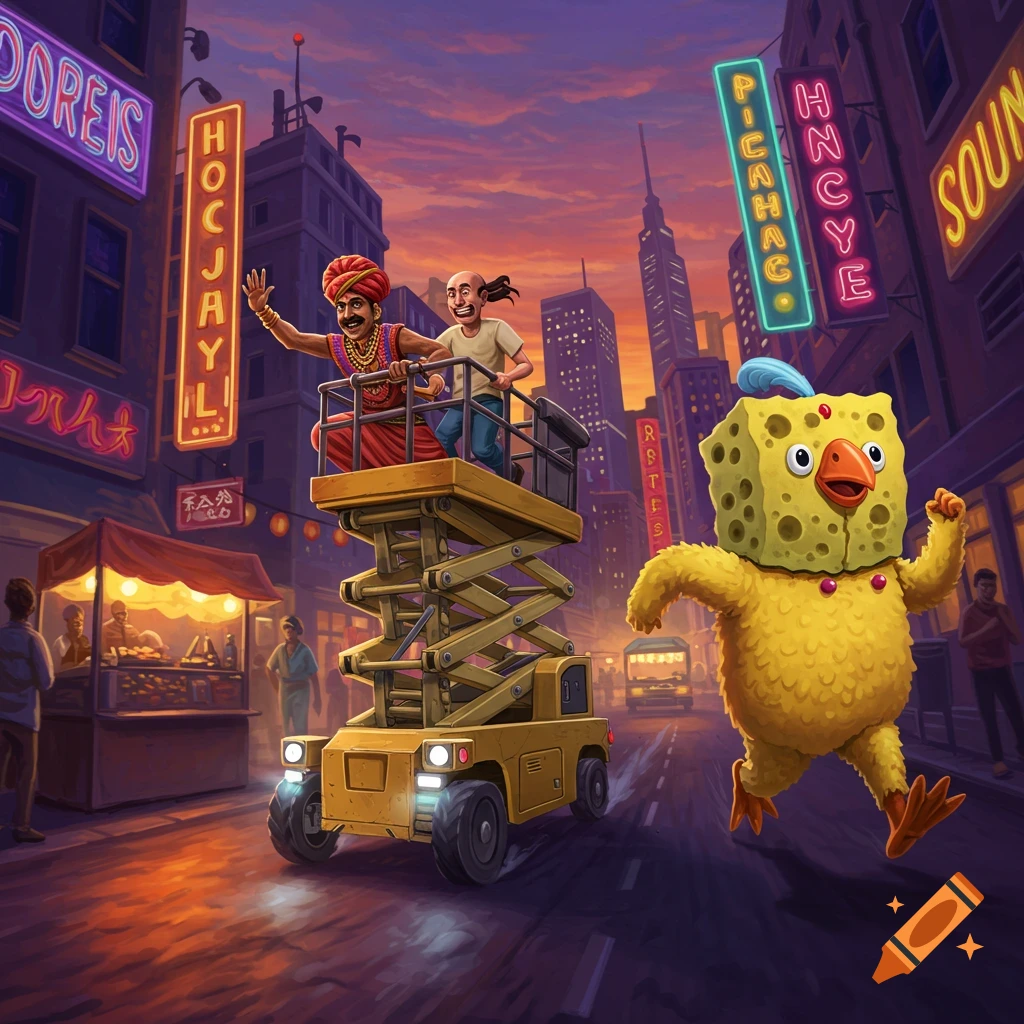 Two cartoon men on a yellow scissor lift chase a person in a yellow chicken-sponge suit down a neon-lit city street at sunset.