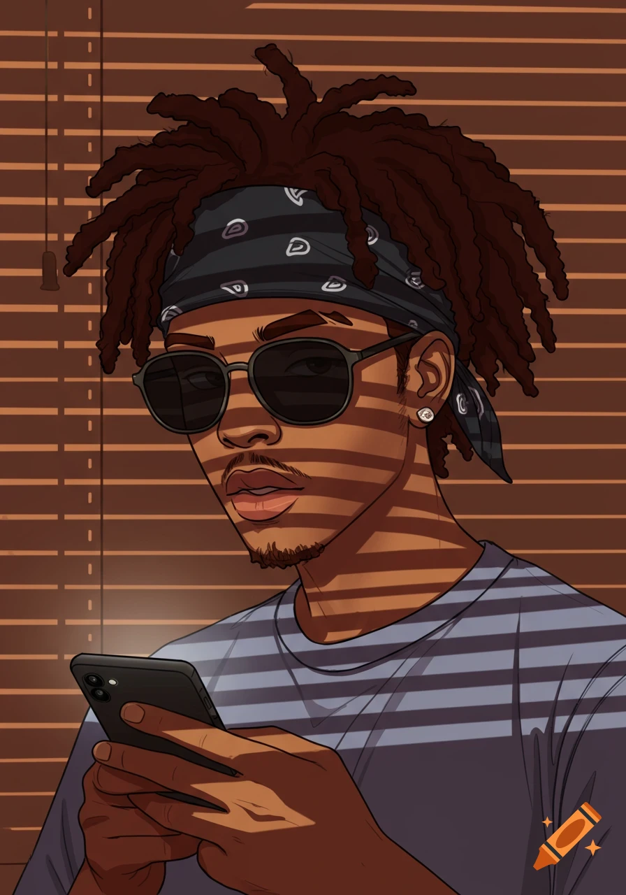 Cartoon portrait of a man with dreadlocks, bandana, and sunglasses, looking at a smartphone through blinds.