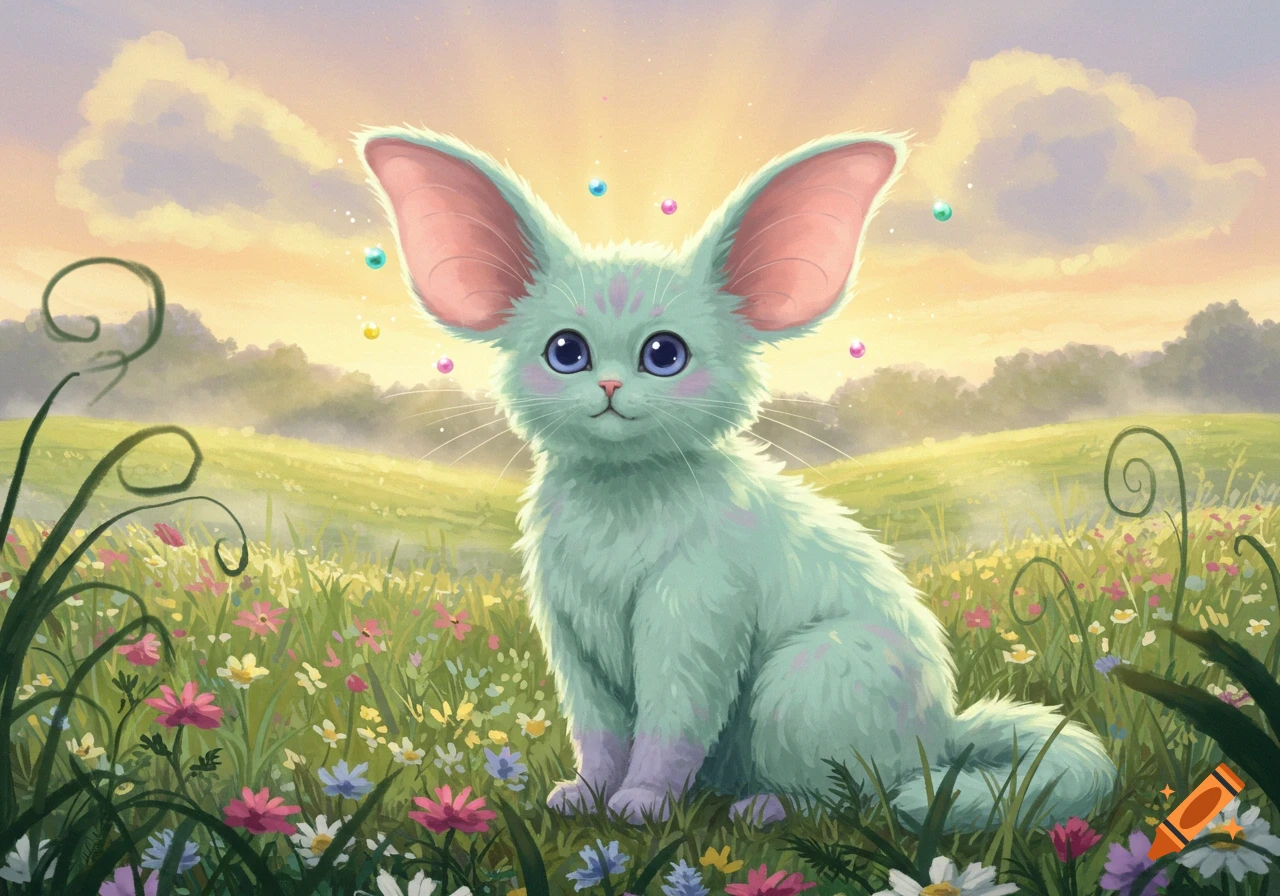 A cute light green fantasy cat with big pink ears and blue eyes sits in a field of wildflowers under a bright sky, Ghibli style.