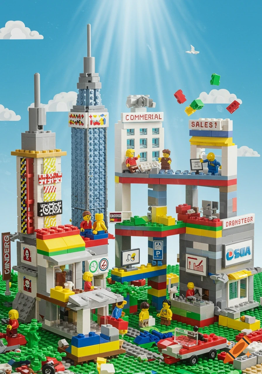 A vibrant Lego cityscape with buildings, minifigures, and vehicles, depicting a bustling commercial area under a sunny blue sky.