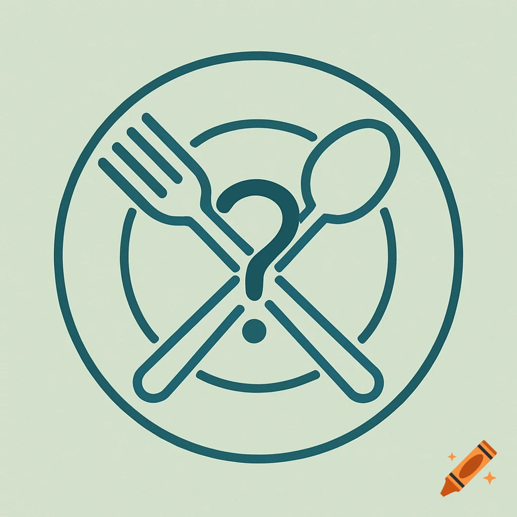 A minimalist icon featuring a fork and spoon crossed over a plate, with a question mark in the center.