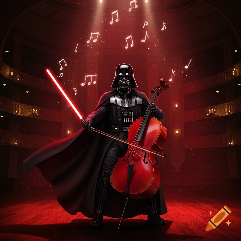 Darth Vader plays a red cello and holds a red lightsaber on a stage in a grand opera house, with musical notes floating above.