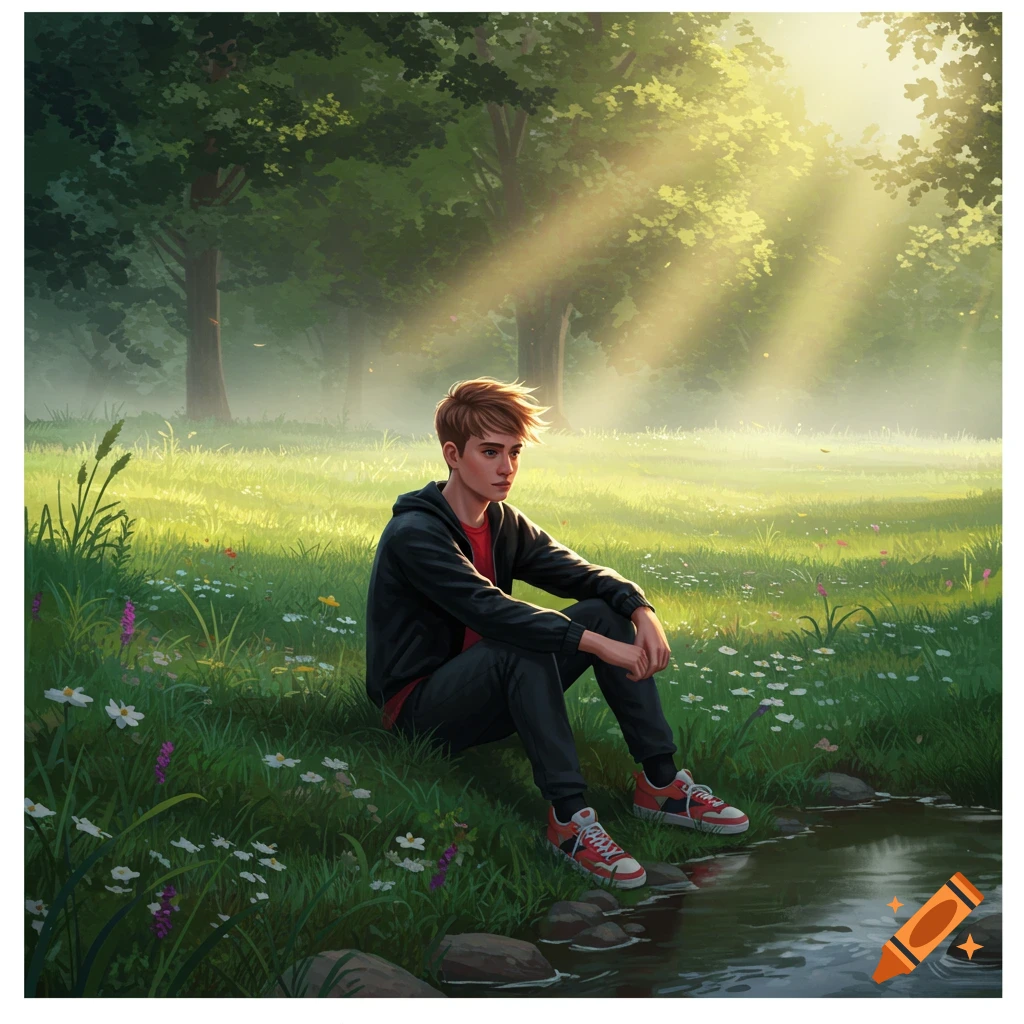 A young man sits by a stream in a sun-drenched meadow with wildflowers and trees, in a fantasy realism style.