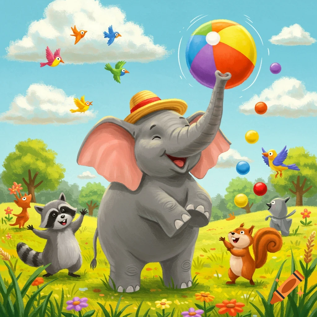 A joyful cartoon elephant in a straw hat balances a beach ball on its trunk, surrounded by playful animals and birds in a vibrant flowery field.