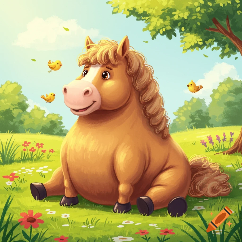 A plump, light brown cartoon horse sits happily in a green meadow with red and white flowers, while small yellow birds fly around under a blue sky.