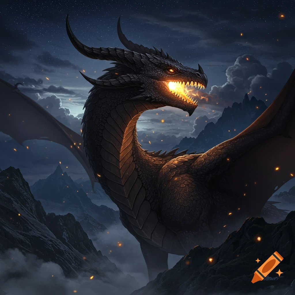 A majestic black dragon with glowing orange eyes breathes fire into a dark, cloudy night sky above jagged mountains.
