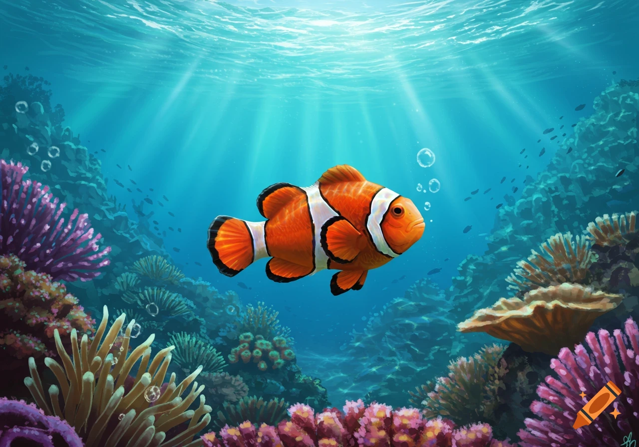 Vibrant orange clownfish swims through a colorful coral reef with sunbeams illuminating the clear blue ocean.