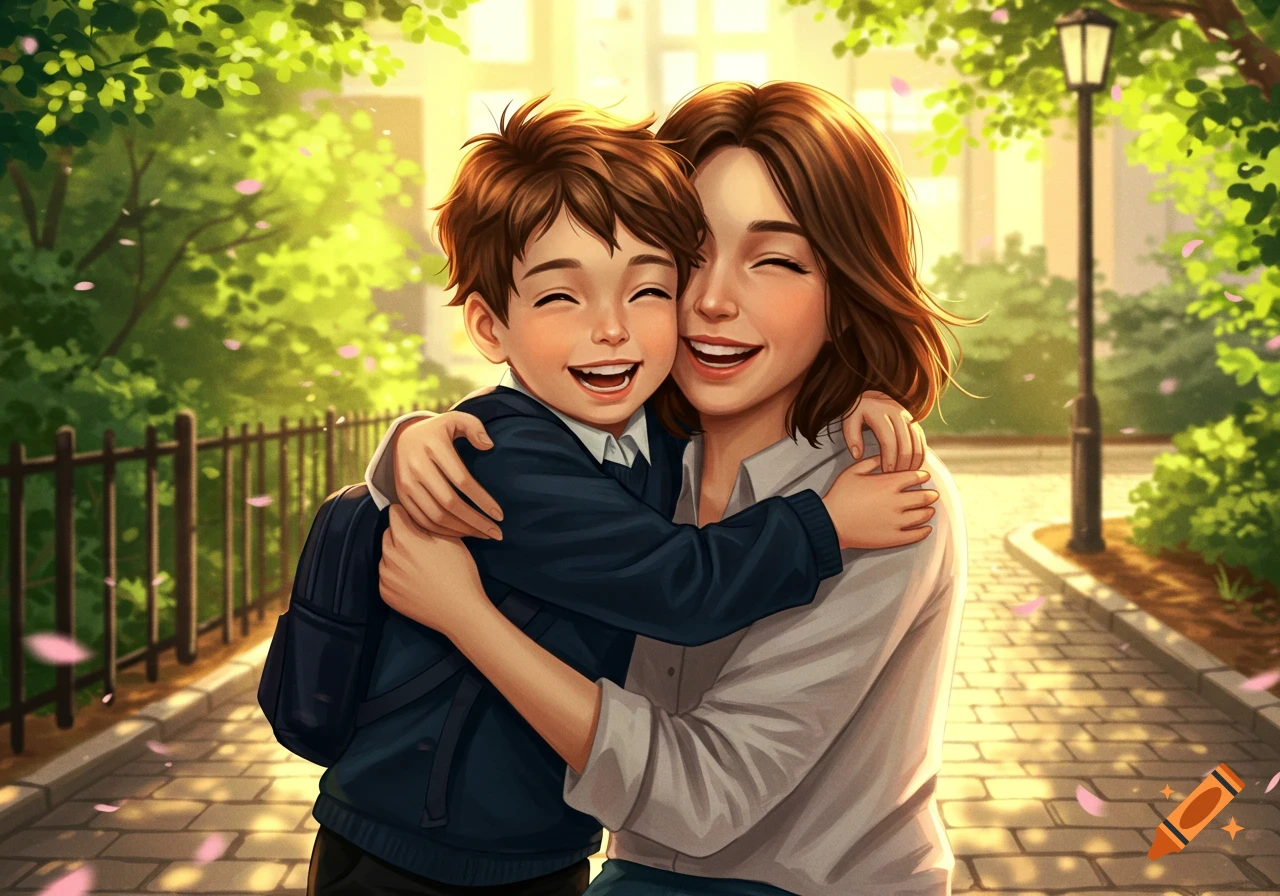 A digital illustration of a happy mother and her young son hugging on a sunny park path with green trees and falling pink petals.