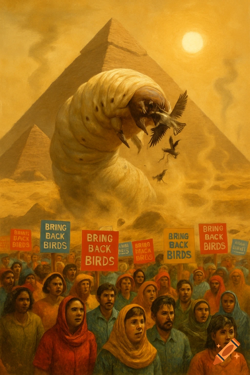 A crowd protests beneath pyramids as a giant larva eats birds, holding signs saying 'Bring Back Birds' in a painted style.