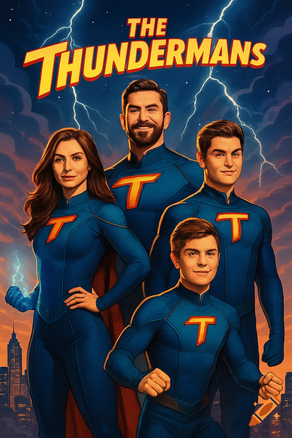 A superhero movie poster featuring four adults in blue and red suits with a 'T' logo, standing against a stormy sky with lightning and a city skyline, with "THE THUNDERMANS" at the top.