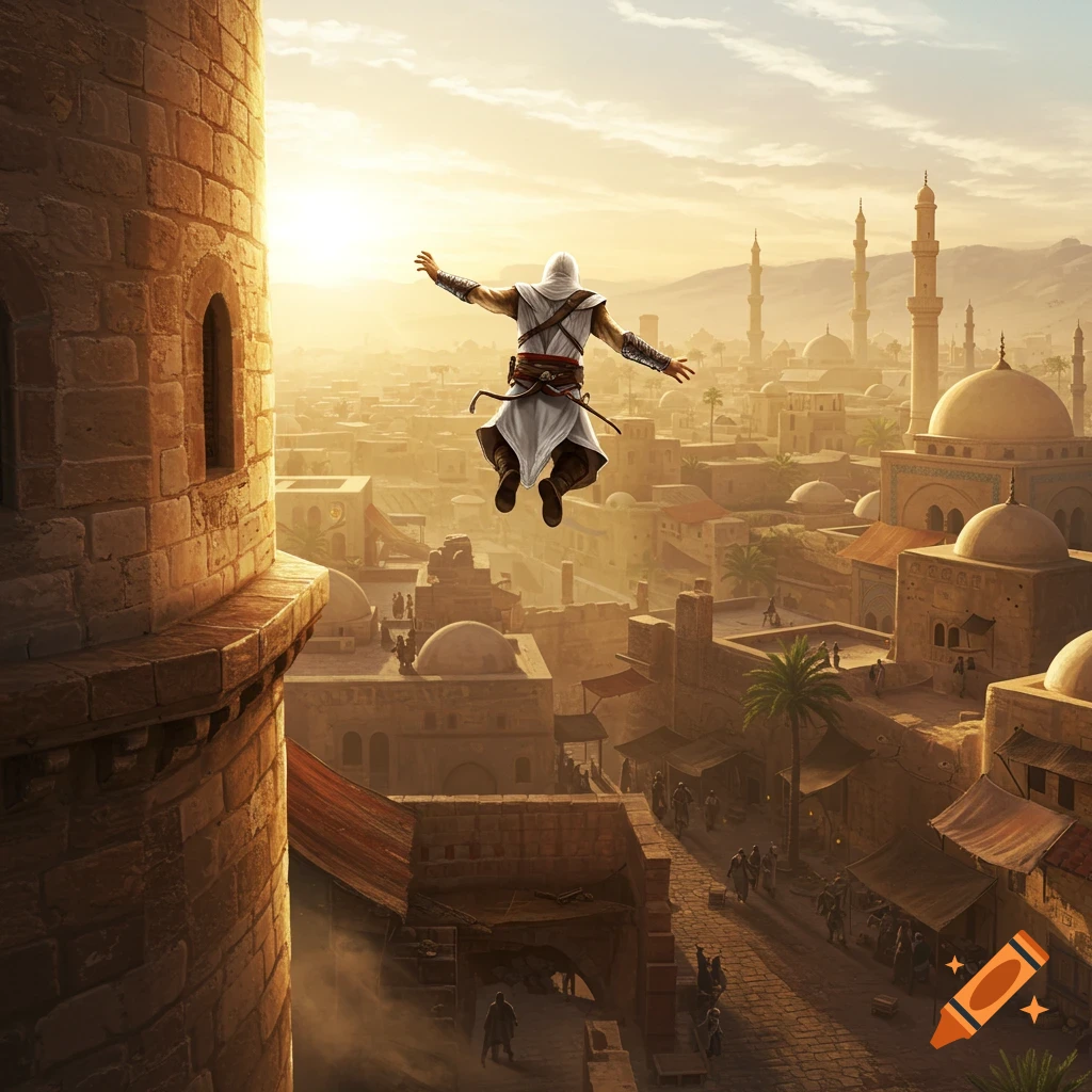 An assassin in a white hood and robes leaps from a tall stone tower over a sprawling desert city at sunrise.