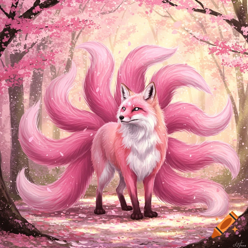 A pink and white nine-tailed fox stands in a vibrant cherry blossom forest with petals falling around it, depicted in a digital painting style.