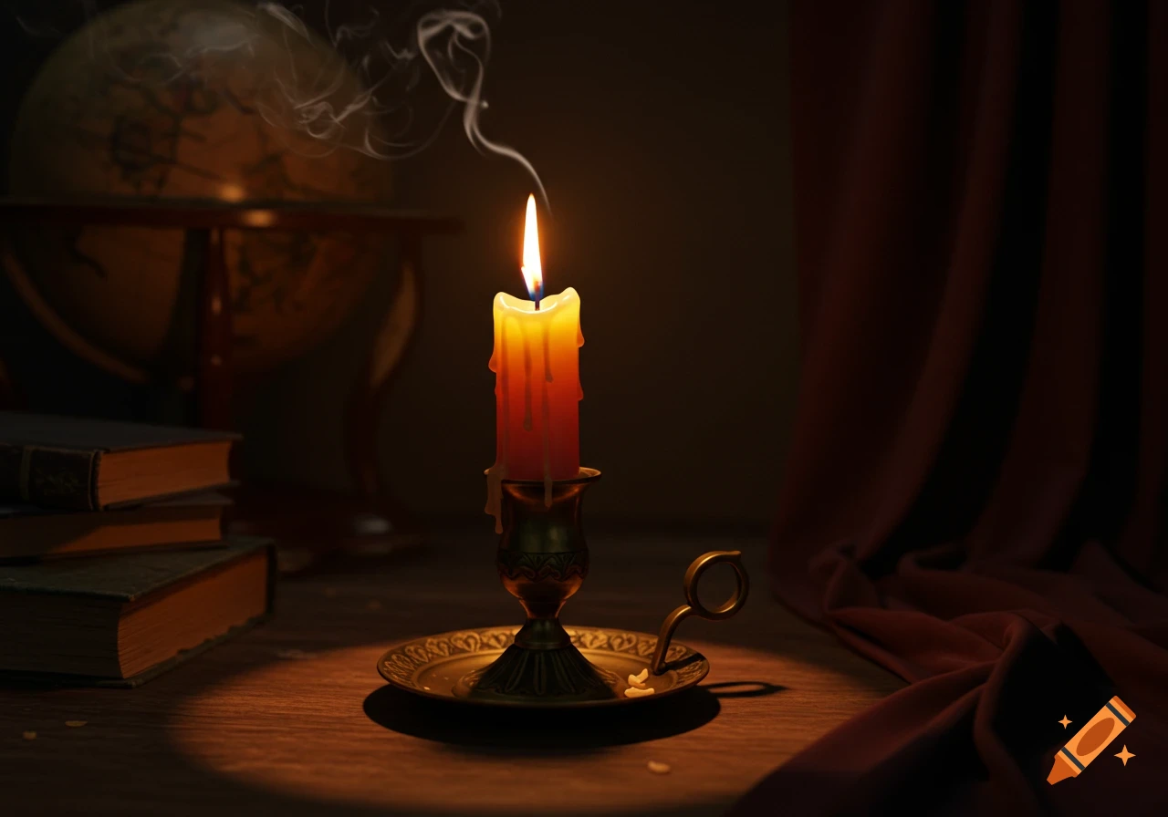 A lit orange candle in a brass holder on a wooden table, with smoke rising, illuminating books and a globe in a dark room.