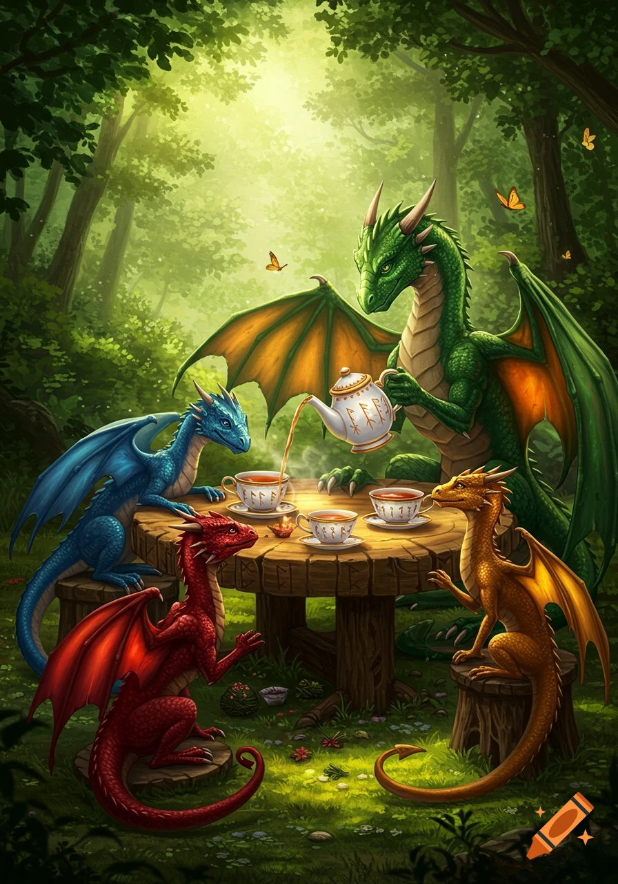 Four colorful dragons (green, blue, red, orange) share a tea party at a wooden table in a sunlit fantasy forest.