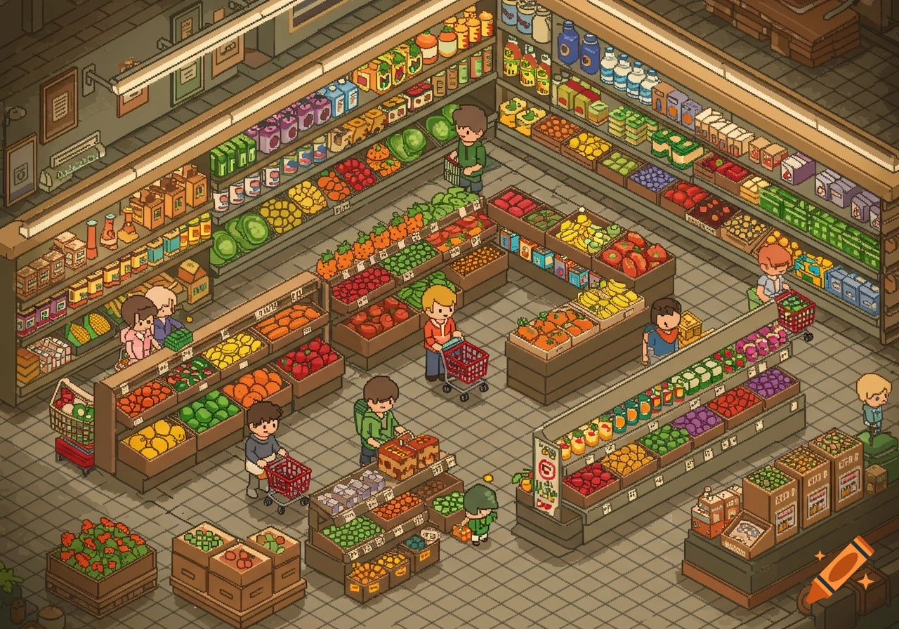A pixel art isometric view of a bustling supermarket aisle with shoppers and shelves stocked with various goods.