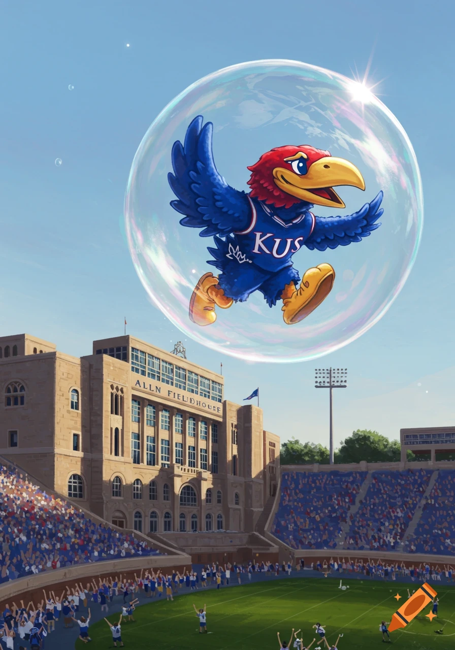 A cartoon blue Jayhawk mascot with red and yellow head feathers, wearing a blue jersey, floats in a clear bubble over a crowded sports stadium.