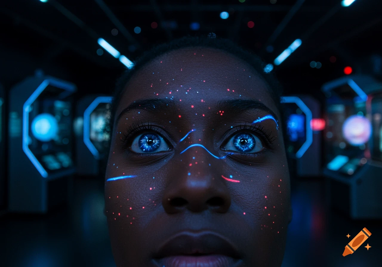 Close-up of a person with glowing blue eyes and futuristic bioluminescent patterns on their face, looking amazed in a dark, sci-fi exhibition.