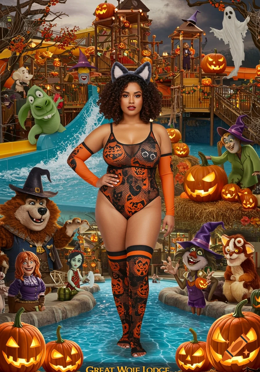 A woman in a black and orange Halloween bodysuit and cat ears stands in a spooky water park with pumpkins and cartoon characters.