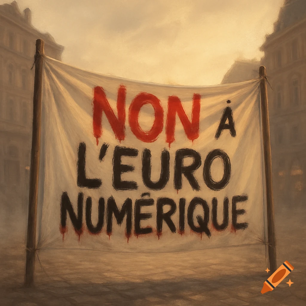 A protest banner spray-painted with "NON À L'EURO NUMÉRIQUE" (NO TO THE DIGITAL EURO) in red and black, hanging in a hazy urban setting.