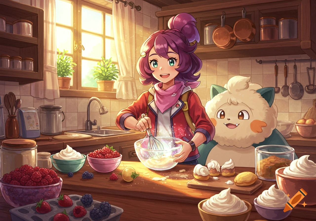 A cheerful anime girl with purple hair and a fluffy, cream-colored creature bake in a sunlit kitchen, surrounded by berries and desserts.