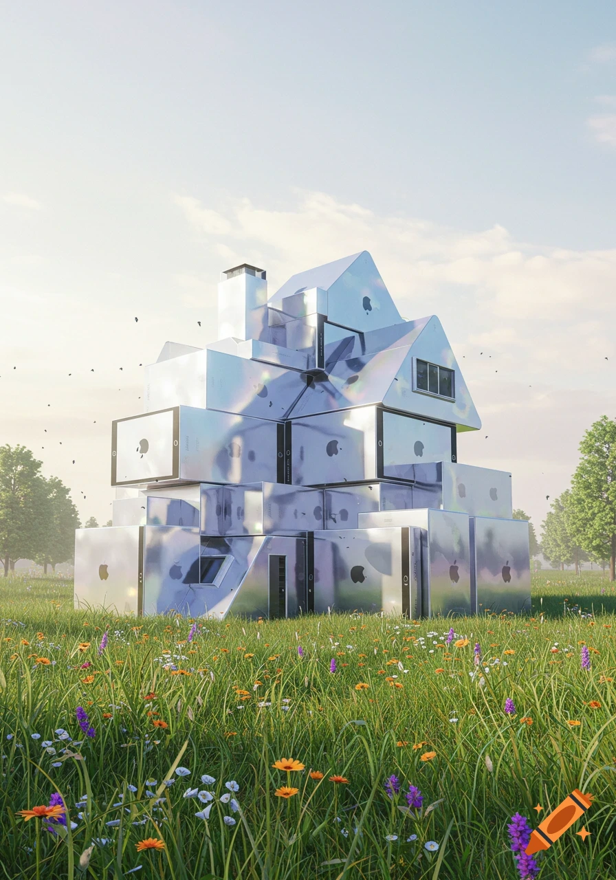 A house constructed from shiny, metallic Apple iPad boxes stands in a vibrant green field filled with colorful wildflowers.